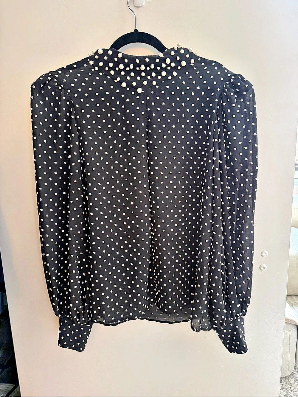 PATBO Embellished Polka Dot Blouse in Black & White Size Large
